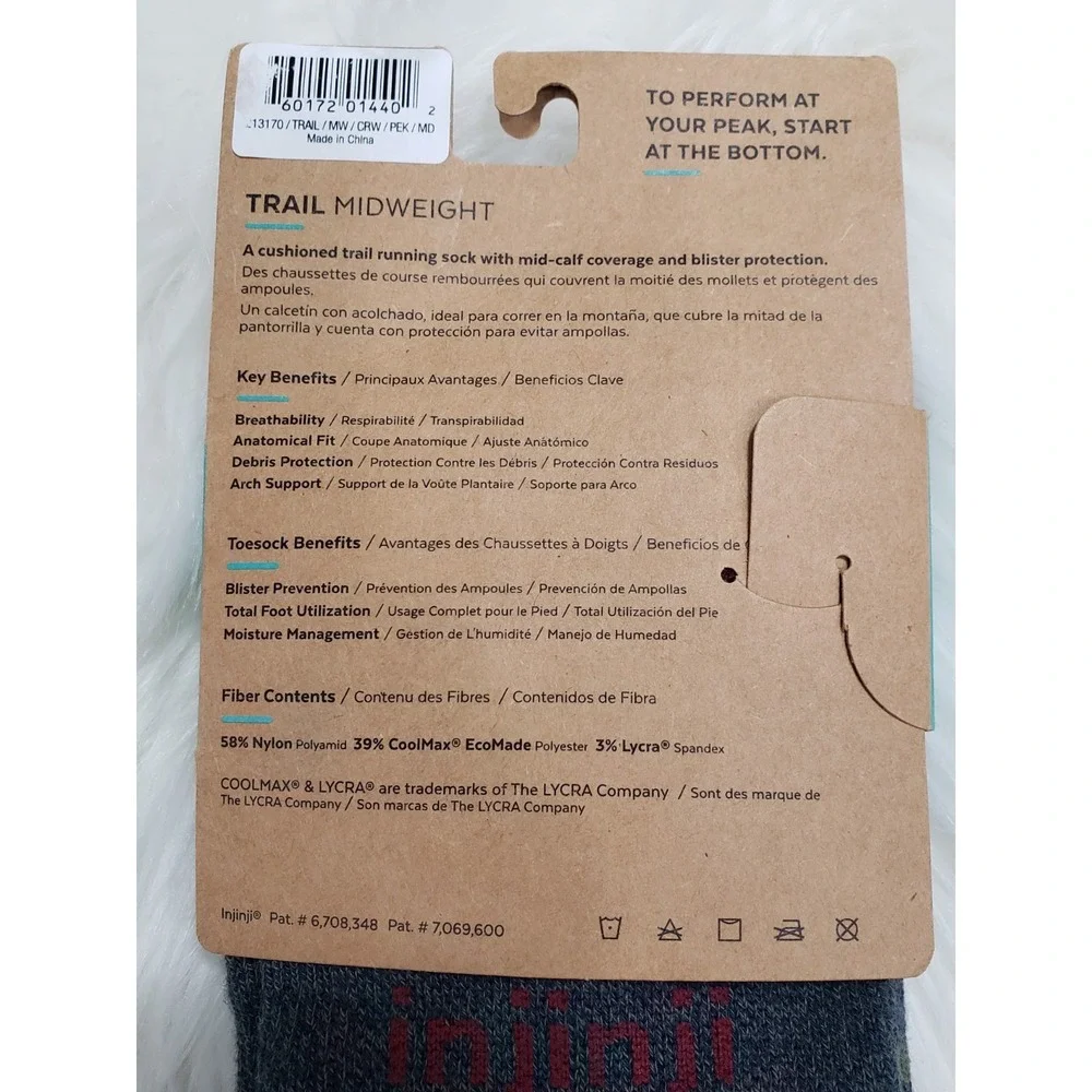 Injinji Toe socks Men's Trail Midweight Mini Crew Medium Granite Coolmax NEW